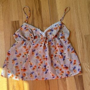Gilligan & O'Malley Beige Floral Lace-Trim Cami with Orange & Purple Blooms